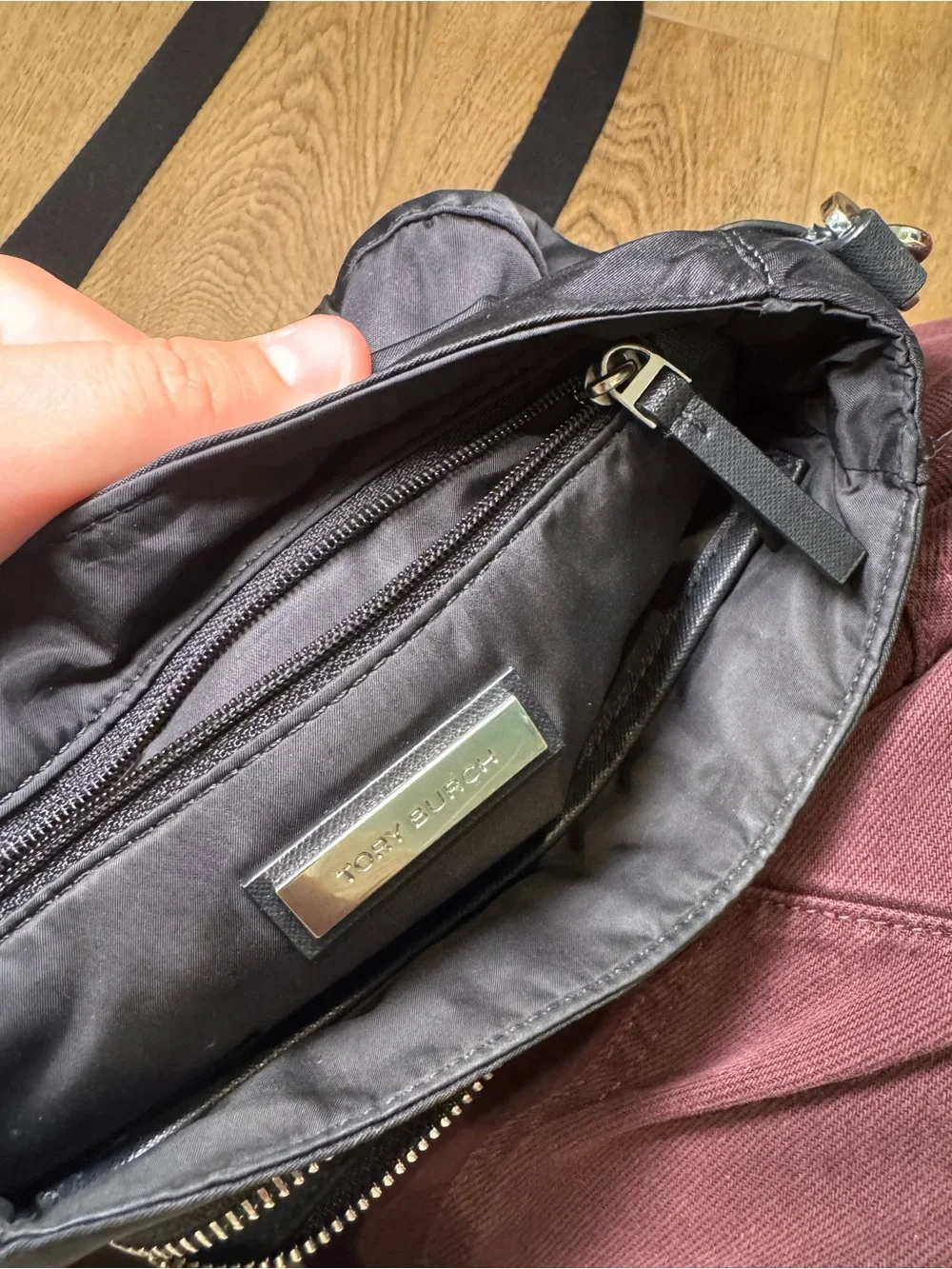 Tory Burch Black Nylon Crossbody Bag with Buckle Accents